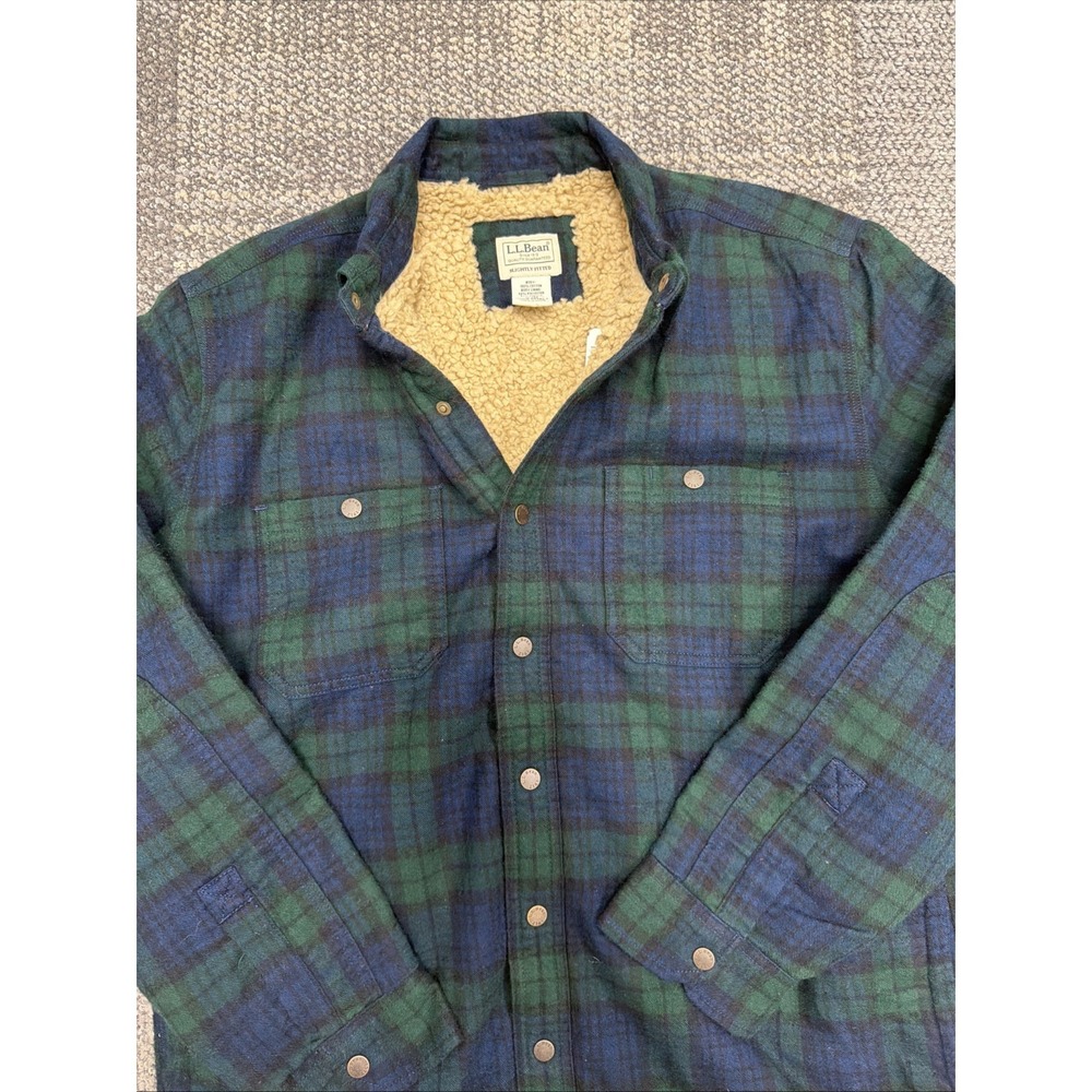 LL Bean Sherpa Lined Scotch Plaid Flannel Shirt Men's Med Black watch green blue
